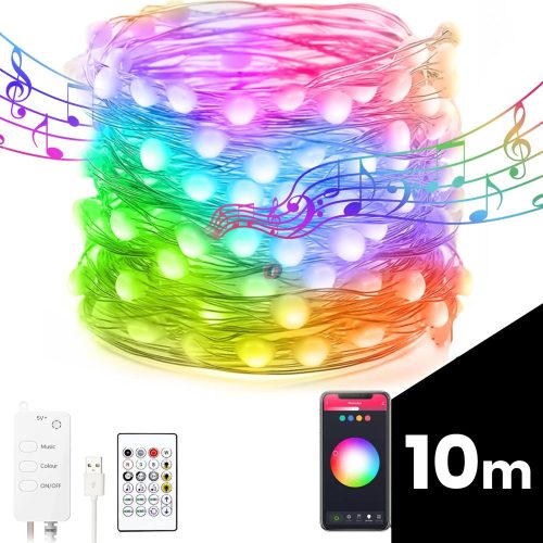 Smart fényfűzér 10m RGB LED 16 millió szín, 66 LED, Bluetooth, USB