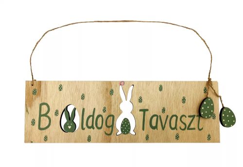 Tavaszi ajtódísz boldog tavaszt fatábla natúr-zöld 30 cm