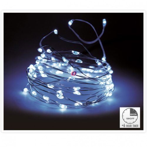 Időzítős Micro LED fényfűzér 100 LED hidegfehér ezüstdrót elemes