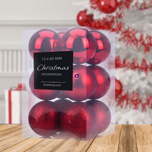 Premium collection dísz műanyag piros 6cm 12 db-os karácsonyfa gömb szett