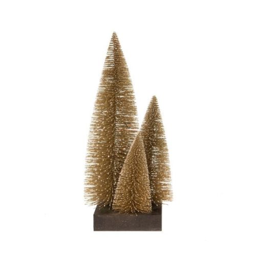 Fenyő 3db-os szögletes fa talpon műanyag 30,20,15cm arany karácsonyi falu kellék