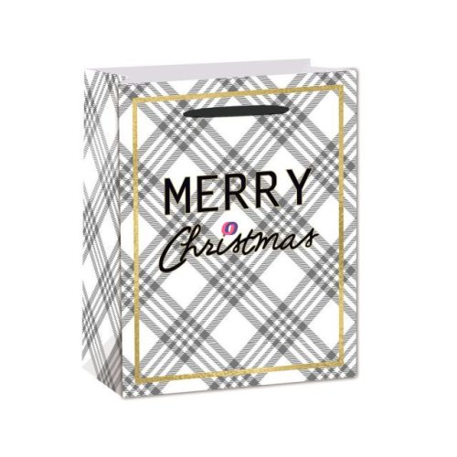 Karácsonyi Dísztasak kockás,Merry Christmas felirattal papír 31x42x12cm fekete, fehér, arany