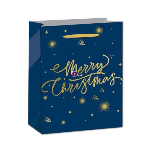 Karácsonyi Dísztasak csillagokkal, Merry Christmas felirattal papír 31x42x12cm kék, arany