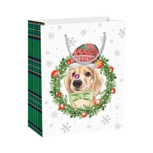 Karácsonyi Dísztasak kutyával, fenyőkoszorúval papír 31x42x12cm többszínű