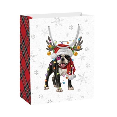 Karácsonyi Dísztasak hópihés, kutyával, égősorral papír 31x42x12cm többszínű