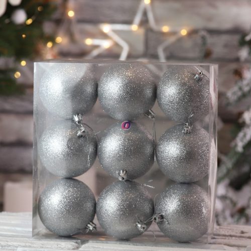 Karácsonyfa gömb dísz műanyag 8cm ezüst glitteres 9 db/szett