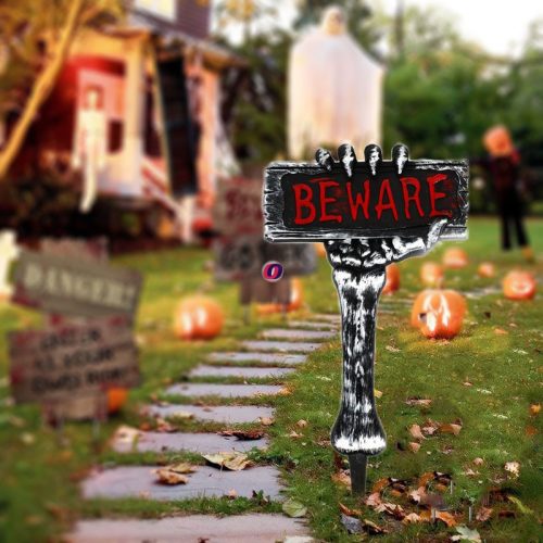 XL Leszúrható Halloweeni tábla Csontváz kéz "Beware" 28 x 53 cm